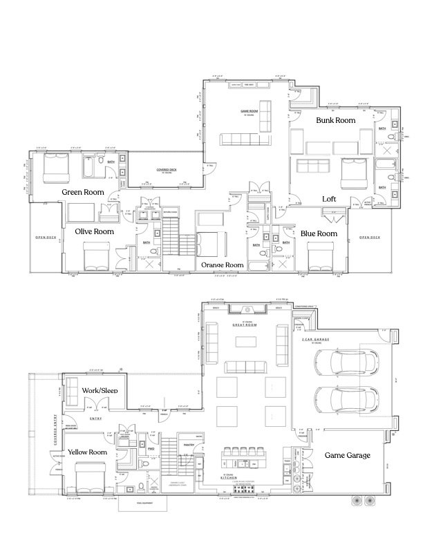 Color House floor plan — main floor and upstairs, showing all 8 sleeping rooms